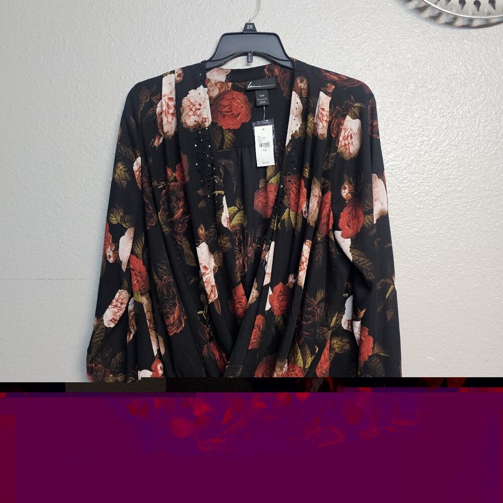 Lane Bryant NWT Plus 18/20 Floral Faux Wrap Blouse Rhinestone  Cottagecore DD780